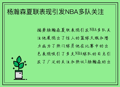 杨瀚森夏联表现引发NBA多队关注